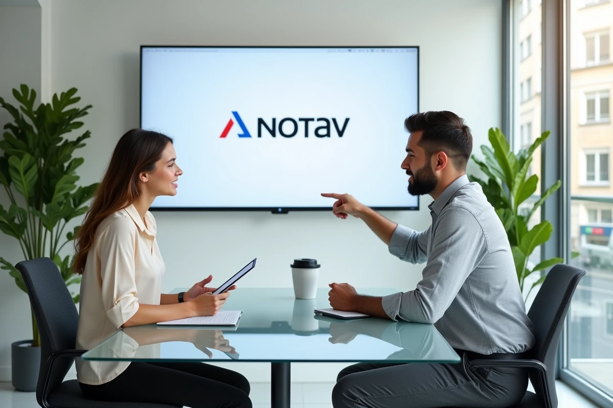 Deux notaires en réunion professionnelle devant un écran affichant le logo officiel des notaires de France dans un bureau moderne