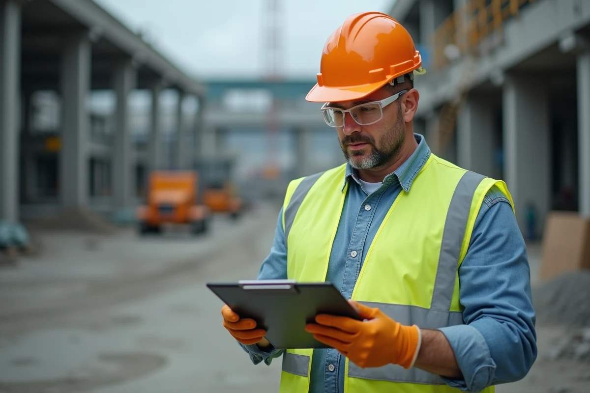 Ouvrier industriel vérifiant un document en sécurité
