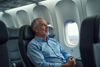 Passager masculin dans la cabine d'un avion commercial moderne, illustrant l'expérience voyageur à bord d'un appareil Boeing ou Airbus
