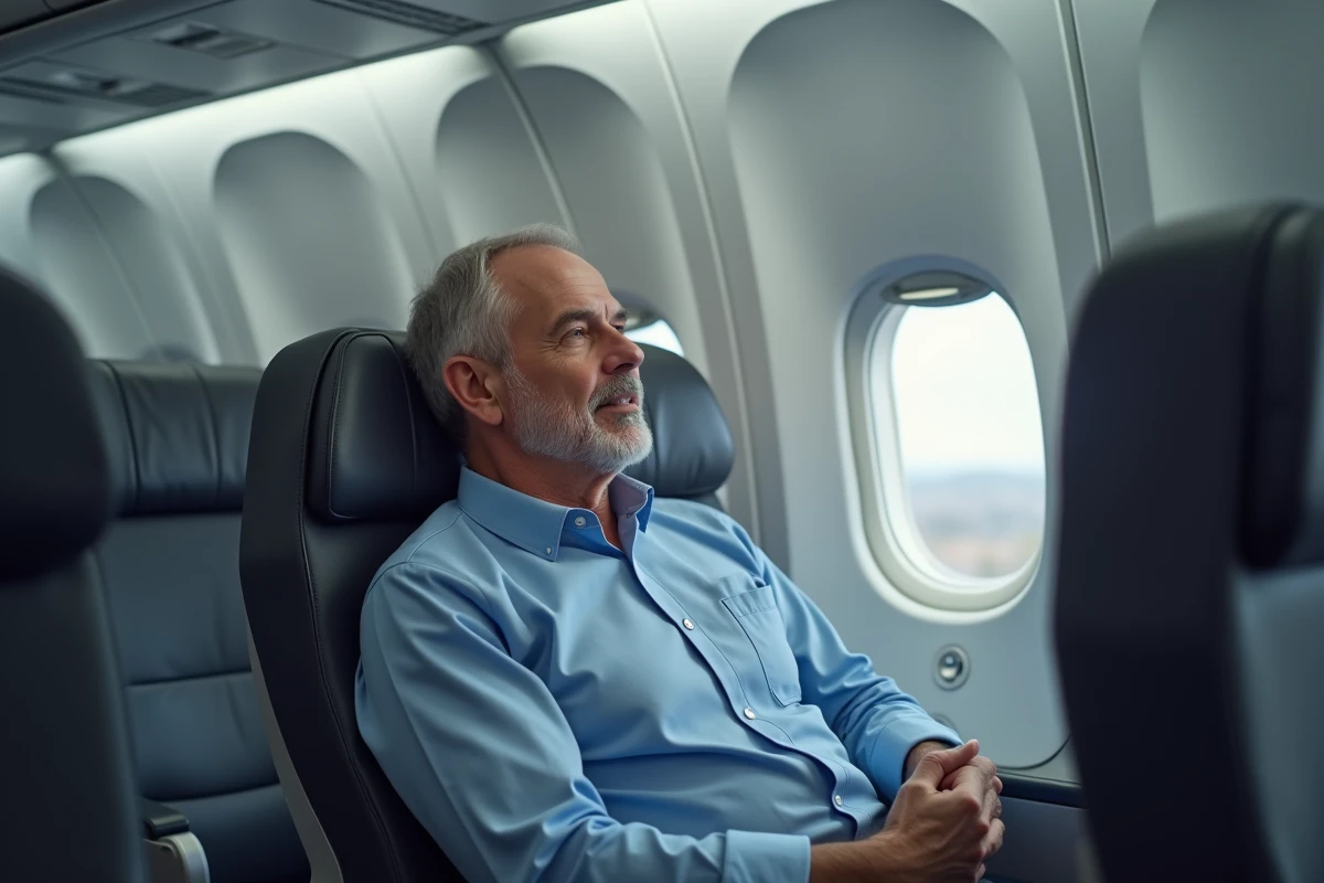 Passager masculin dans la cabine d'un avion commercial moderne, illustrant l'expérience voyageur à bord d'un appareil Boeing ou Airbus