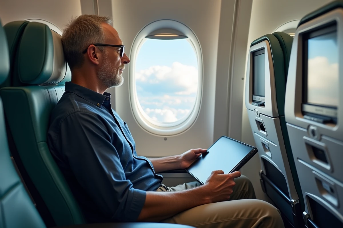 Passager en classe premium économique regardant par le hublot d'un Airbus A330 au-dessus des nuages