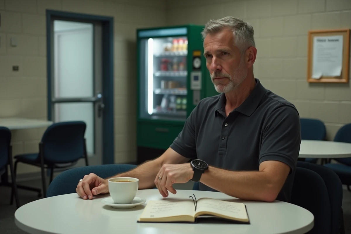 Homme consultant sa montre pendant une pause café dans une salle de repos avec un carnet de temps de travail