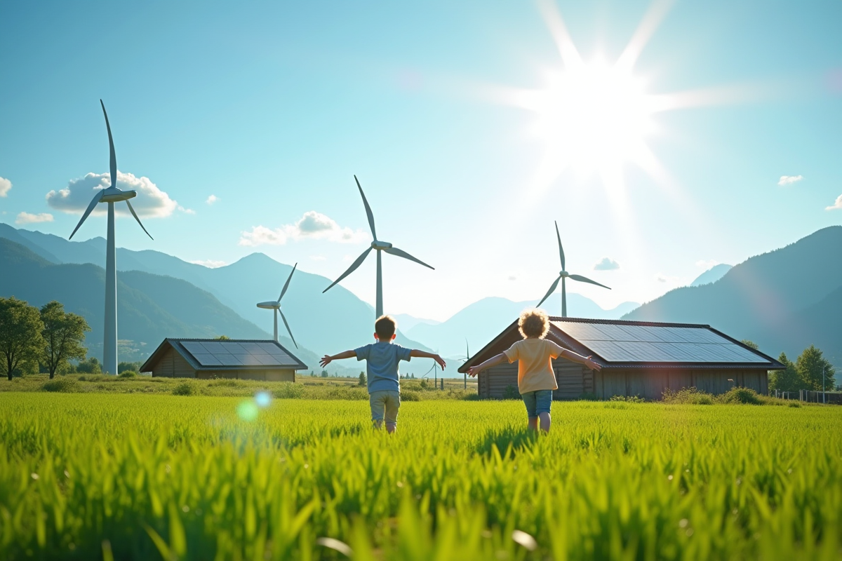 Paysage rural avec éoliennes et panneaux solaires en famille