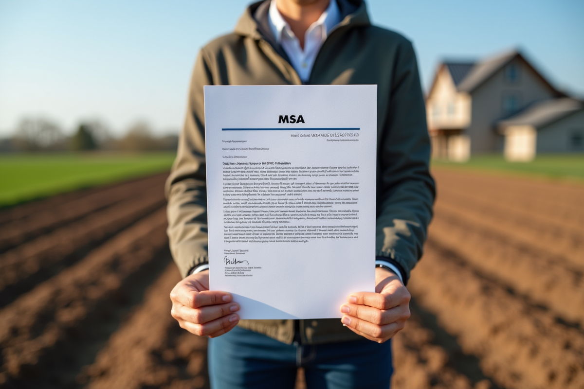 Personne tenant un document d exemption MSA devant un champ cultivé