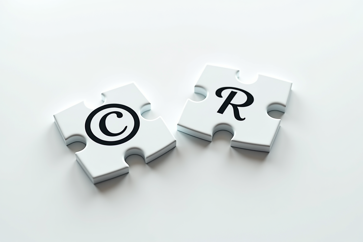 Pièces de puzzle avec symbole de copyright et brevet