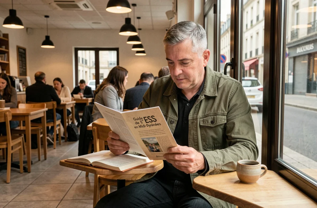 Porteur de projet consultant un guide de l'économie sociale et solidaire de la CRESS Midi-Pyrénées dans un café coworking