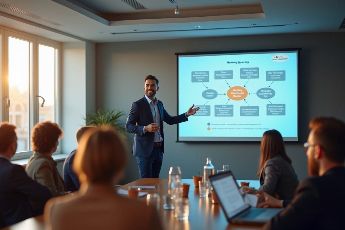Presentateur confiant en presentation marketing