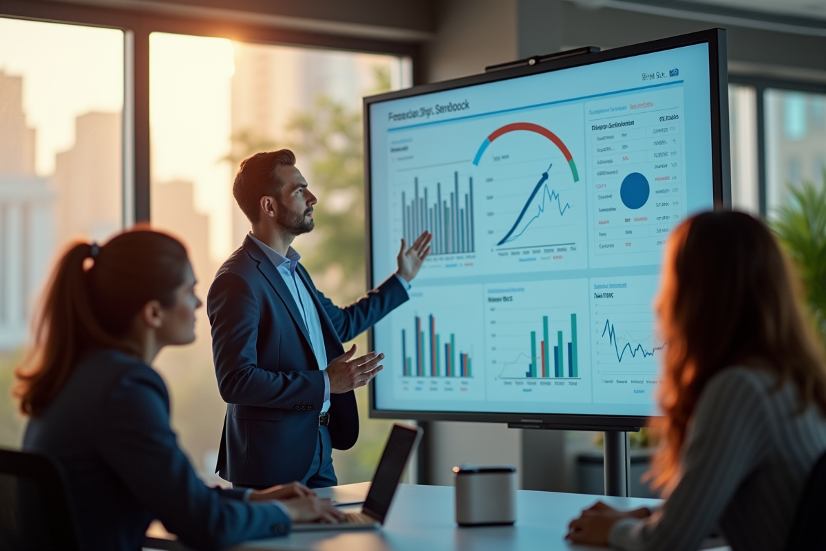 Professionnel présentant un tableau de bord de gestion des risques