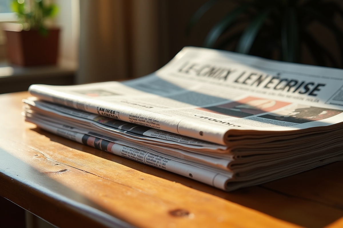 Pile de journaux quotidiens français sur une table en bois