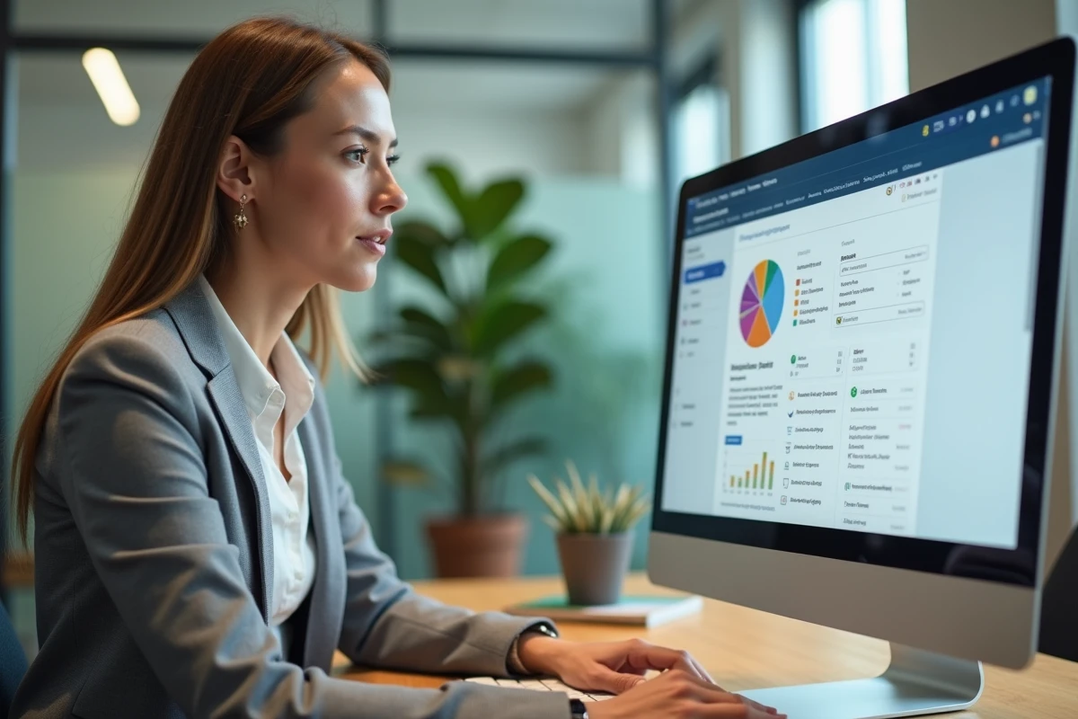Femme professionnelle découvrant le logiciel DeskRH sur un écran d'ordinateur dans un bureau moderne
