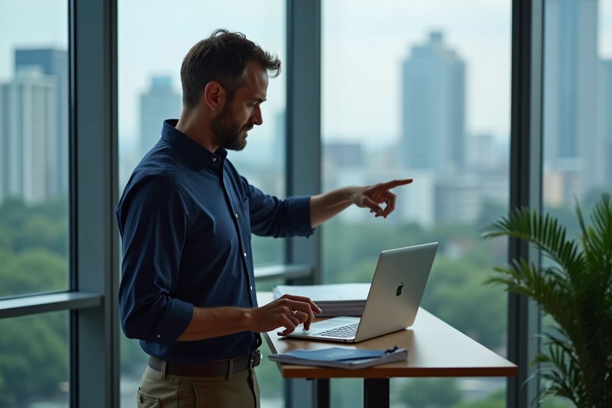Homme cadre debout découvrant les fonctionnalités d'un logiciel RH sur un laptop dans un bureau avec vue urbaine