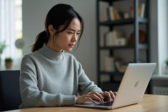 Femme frustrée devant un écran d'erreur de connexion Urssaf sur son ordinateur portable