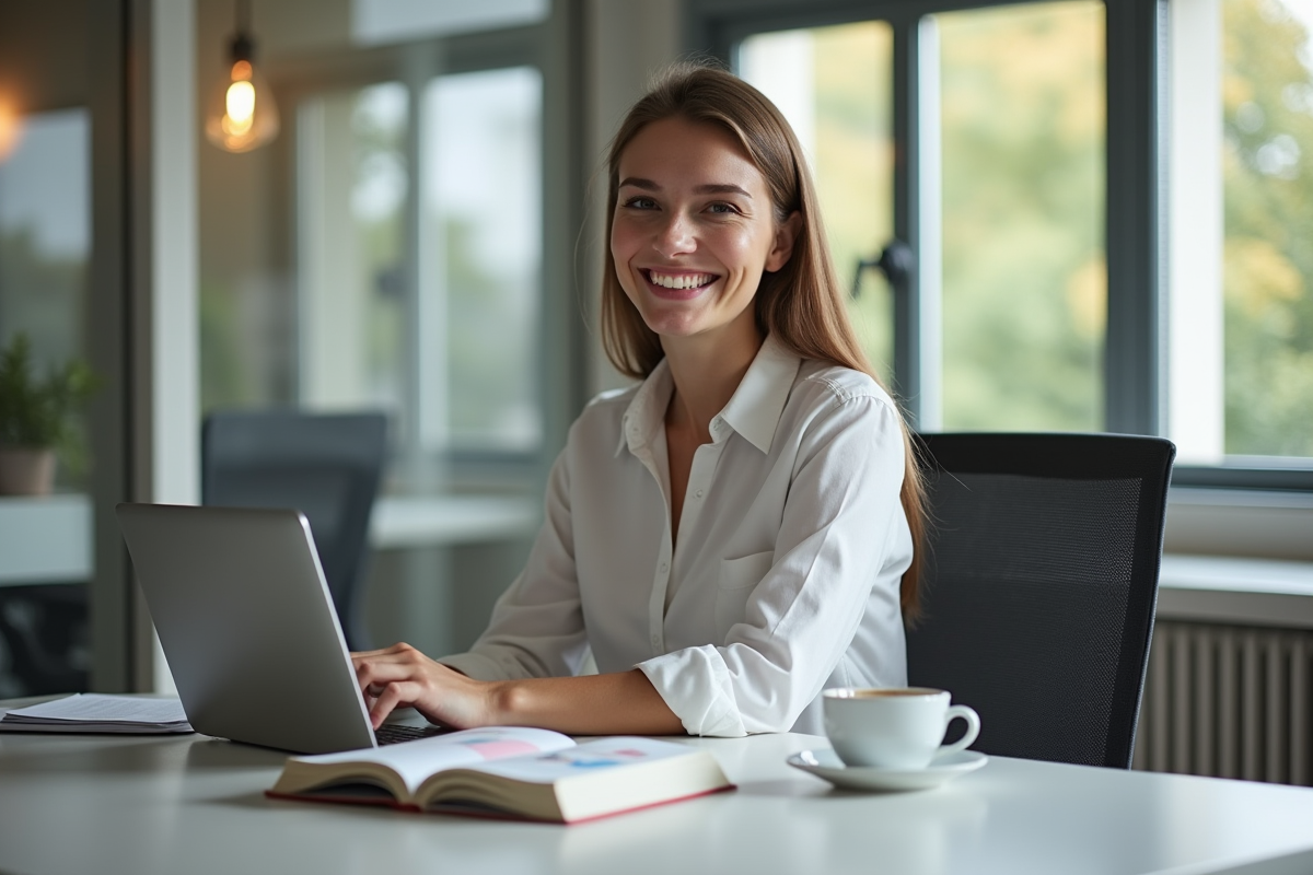 Professionnel souriant travaillant sur un ordinateur dans un bureau lumineux