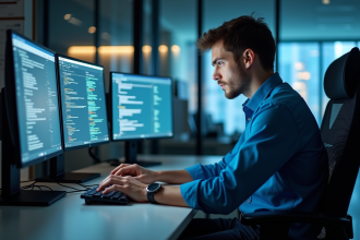 Jeune homme en informatique concentré devant ses écrans