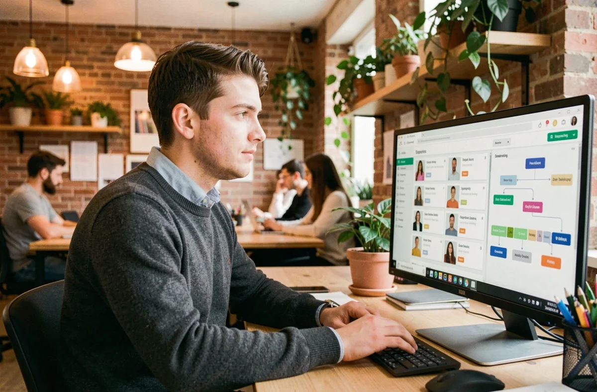 Professionnel RH utilisant un logiciel de gestion RH dans un espace de coworking pour structurer une fonction RH naissante