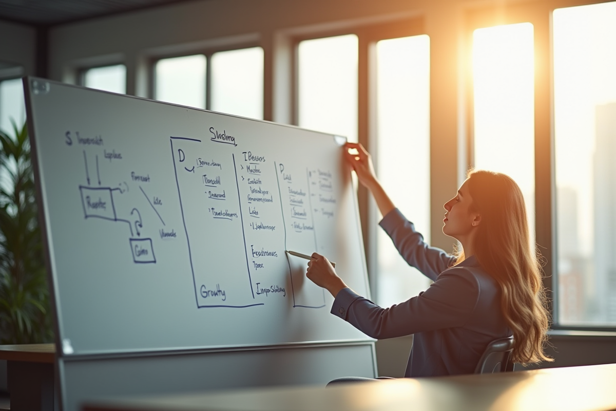 Professionnel analysant un tableau blanc pour la croissance