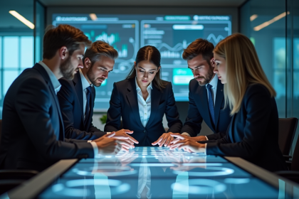 Groupe de professionnels en réunion dans un bureau hightech