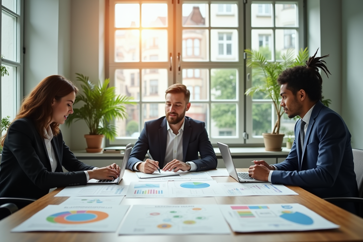 Trois professionnels d'origines diverses dans un bureau moderne autour de graphiques de responsabilité