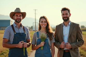 Trois professionnels français dans un paysage rural et urbain