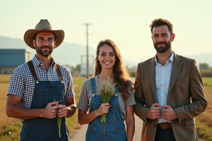 Trois professionnels fran&ccedil;ais dans un paysage rural et urbain