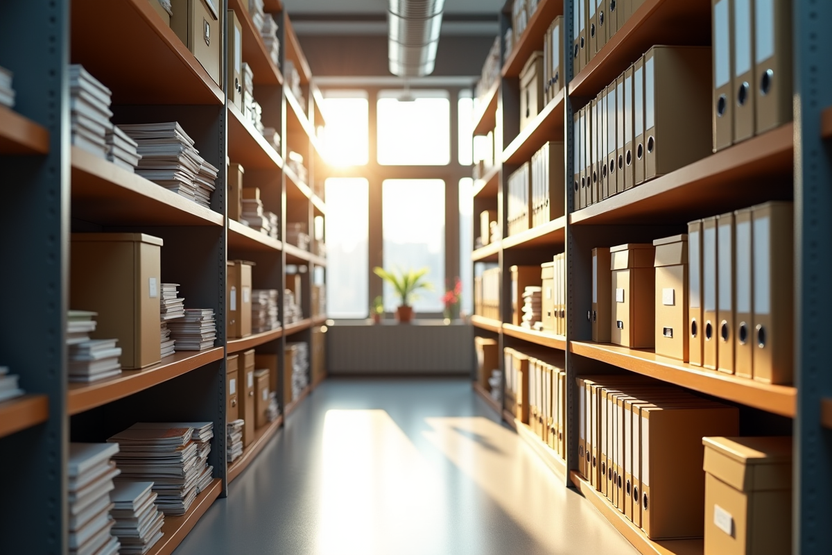 Rayonnages d'archives modernes avec boîtes et classeurs pour stockage