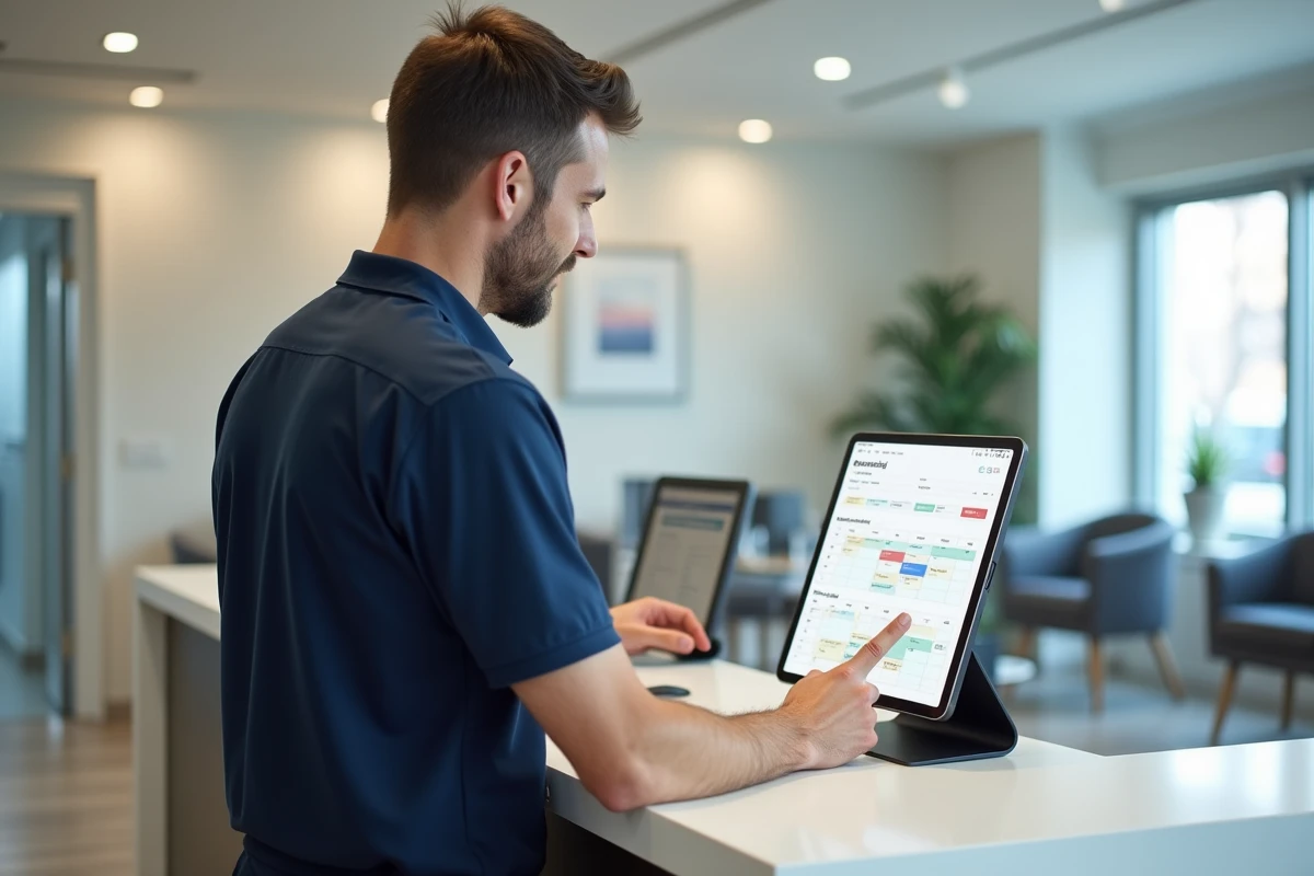 Réceptionniste médical consultant un calendrier synchronisé sur tablette numérique à l'accueil d'une clinique moderne