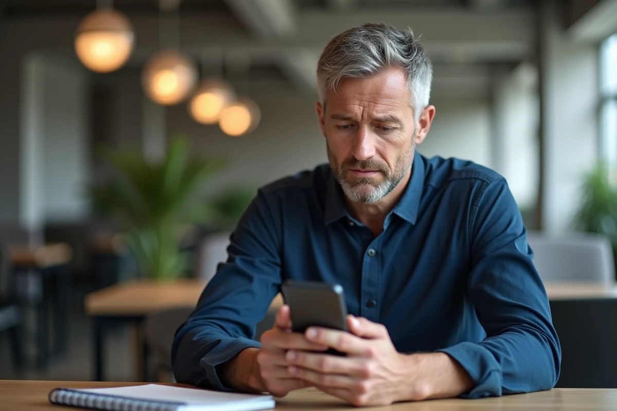 Travailleur indépendant consultant son téléphone pour récupérer son mot de passe Urssaf