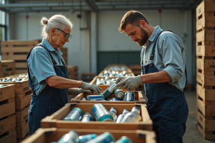 Femme et homme en overalls triant des bouteilles en recyclage