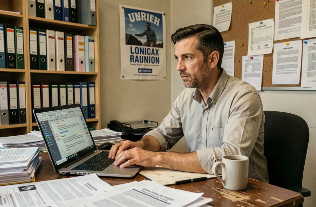Représentant syndical rédigeant un point à inscrire à l'ordre du jour d'une réunion CSE dans un bureau syndical