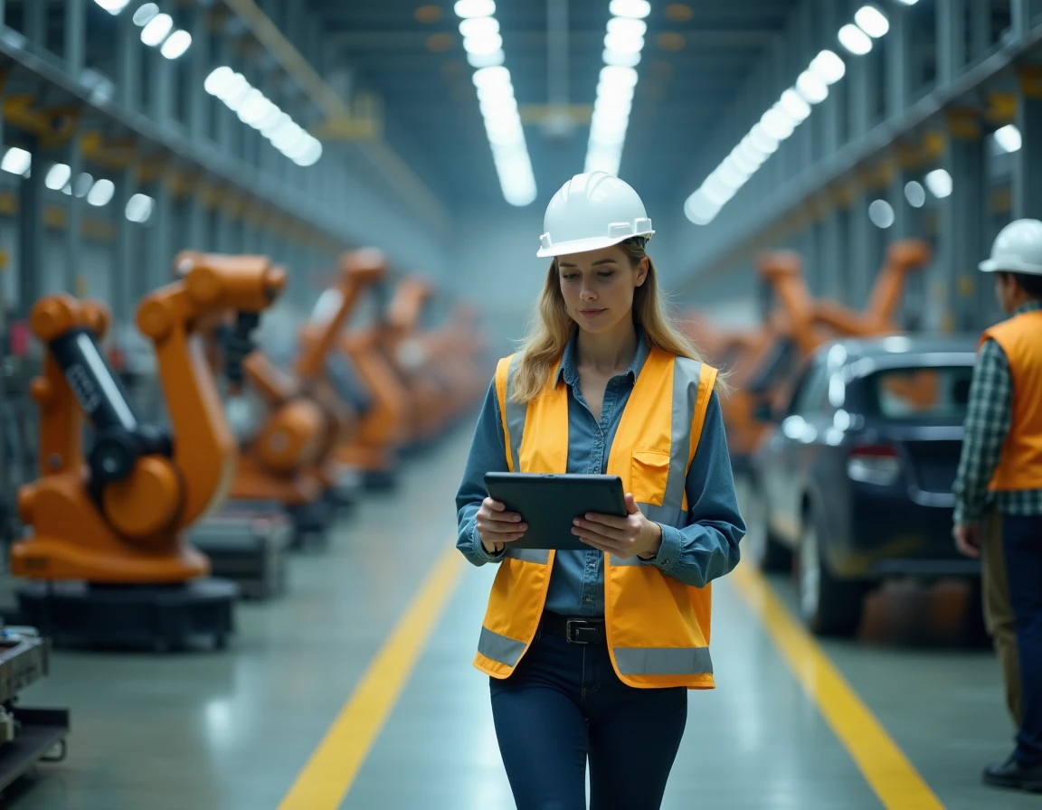 Femme responsable de production inspectant une ligne d'assemblage automobile avec une tablette numérique connectée