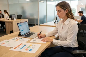Responsable RH en entreprise analysant des processus structurés sur des documents et un logiciel RH