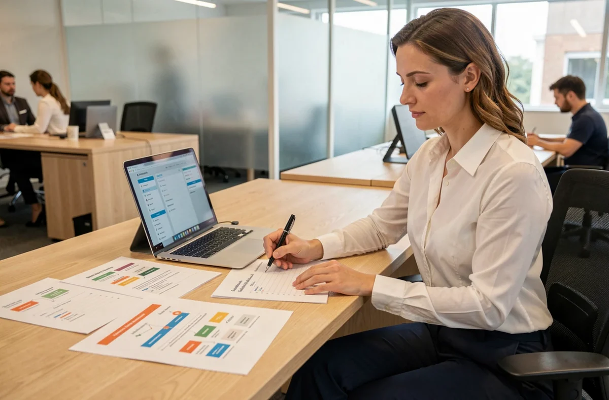 Responsable RH en entreprise analysant des processus structurés sur des documents et un logiciel RH