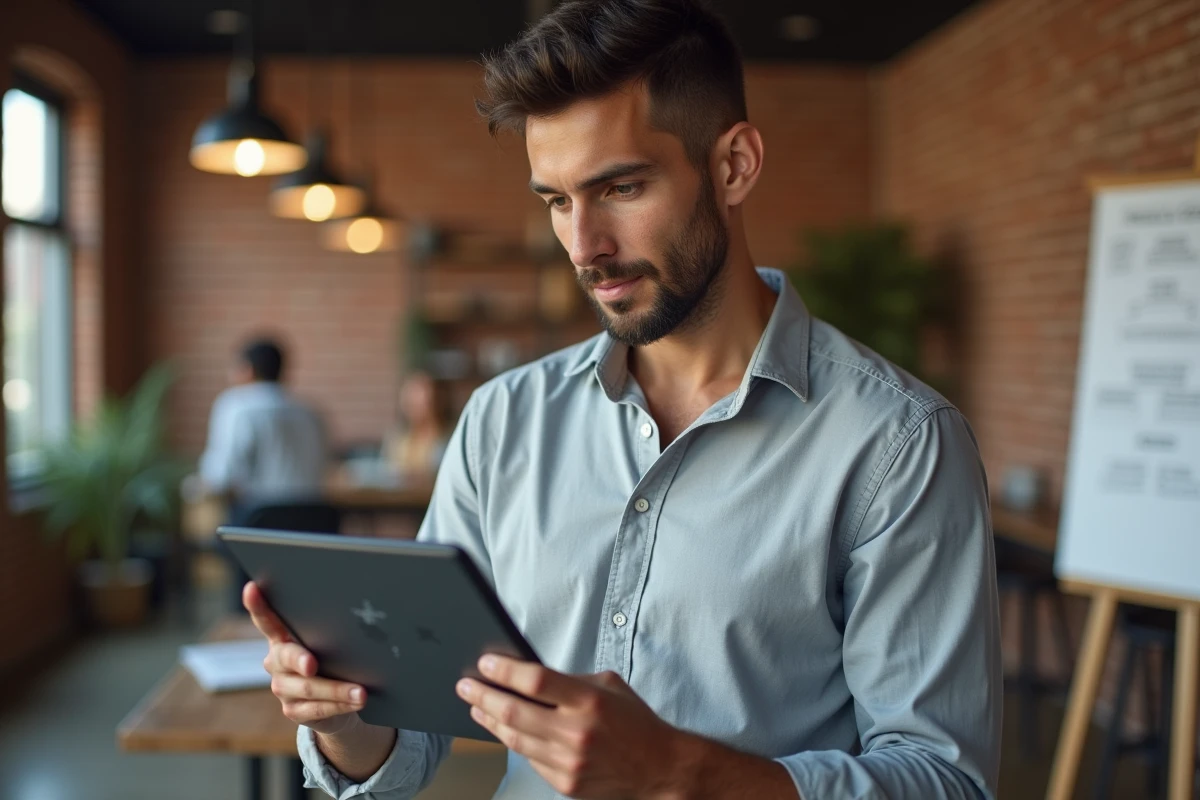 Responsable RH consultant une plateforme de sourcing géographique de talents sur une tablette dans un espace de coworking