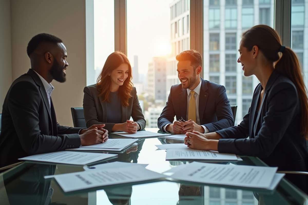 Réunion d'affaires avec entrepreneurs dans un bureau lumineux