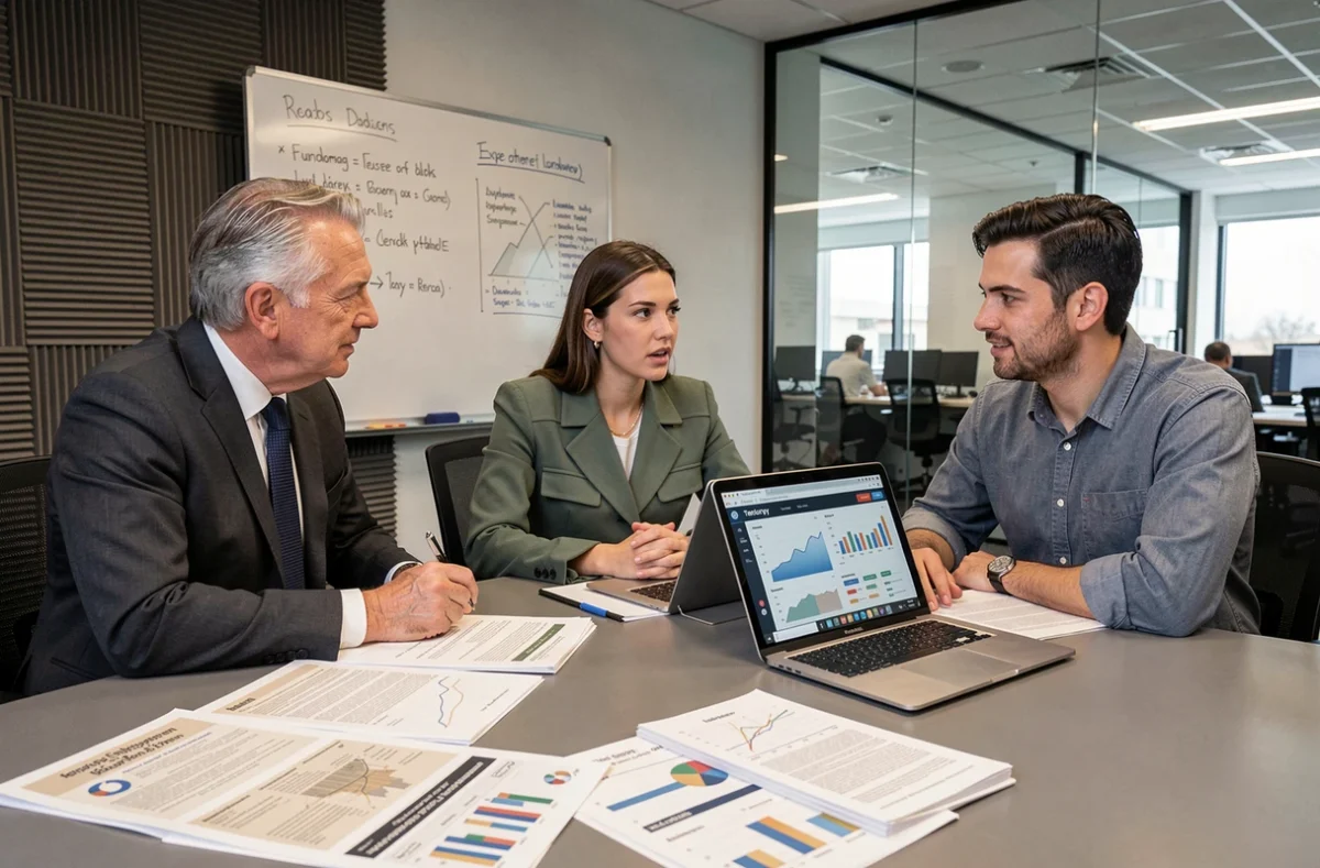 Équipe de professionnels analysant des rapports sur les indicateurs économiques d'un bassin d'emploi en réunion