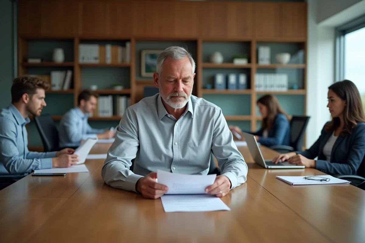 Homme d age lisant un memo lors d une reunion de travail