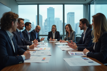 Groupe de professionnels discutant autour d'une table avec documents ERP