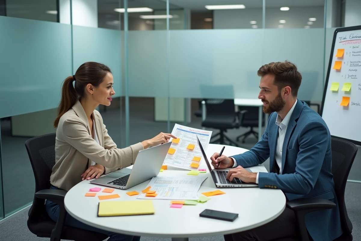 Deux collègues analysant ensemble un planning hebdomadaire pour optimiser la gestion du temps au travail
