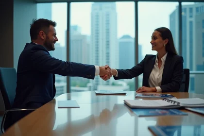 Poignée de main entre un directeur marketing sportif et une représentante d'athlète lors d'une réunion de partenariat sportif autour d'une table avec des documents de sponsoring