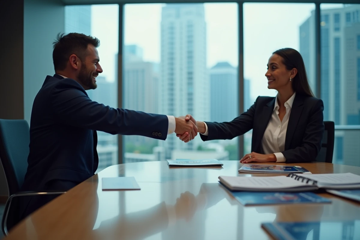Poignée de main entre un directeur marketing sportif et une représentante d'athlète lors d'une réunion de partenariat sportif autour d'une table avec des documents de sponsoring