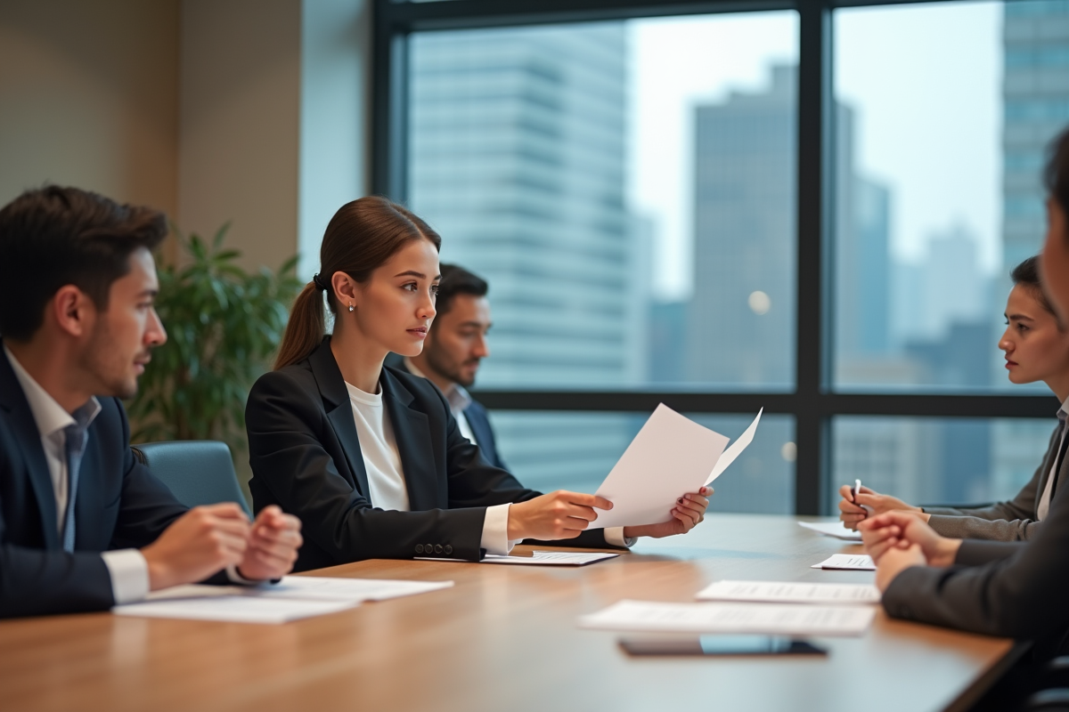 Jeune femme professionnelle distribuant des circulaires en réunion