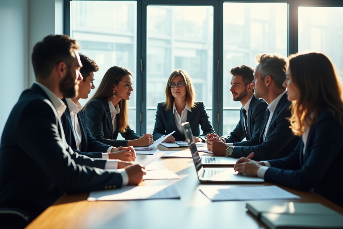 Groupe de professionnels en réunion dans un bureau lumineux