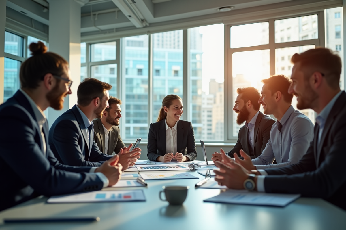 Groupe de professionnels en réunion d'équipe motivée