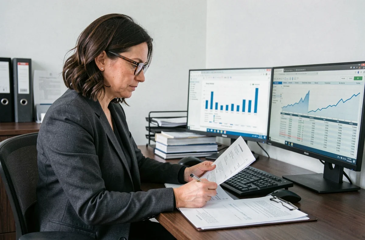 Professionnelle spécialisée en finance et comptabilité analysant des documents dans un bureau de recrutement