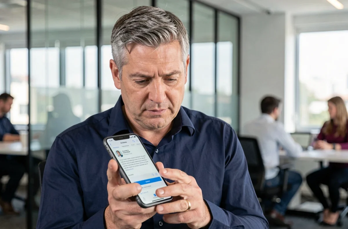 Salarié lisant un e-mail d'invitation pour activer sa fiche de paie en ligne sur smartphone au bureau