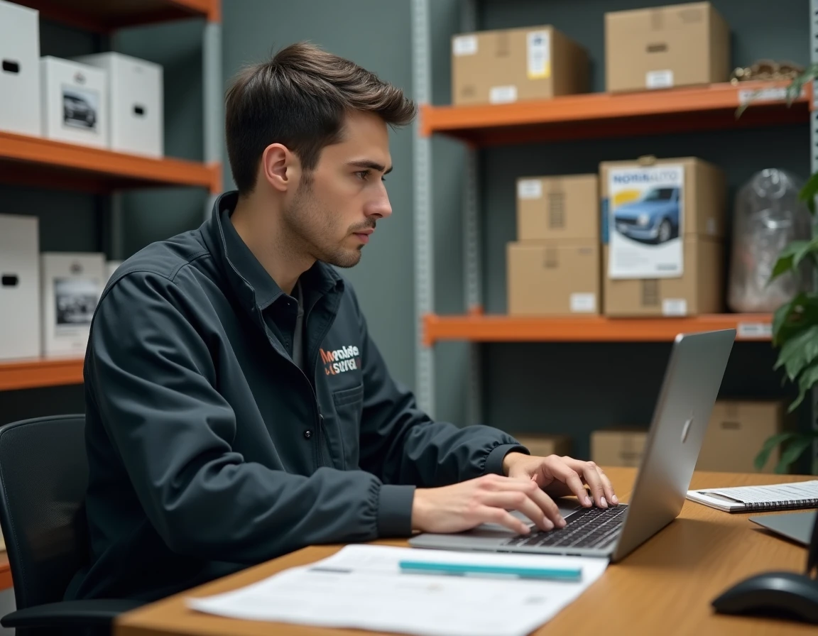 Salarié Norauto accédant à ses fiches de paie sur l'intranet depuis un poste de travail en magasin