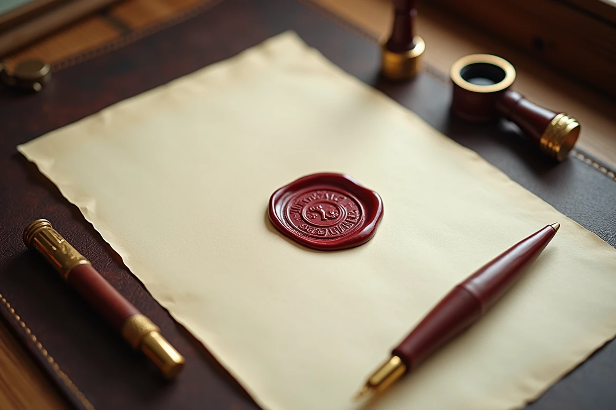 Gros plan sur un sceau notarial officiel en relief sur un document papier épais avec stylo plume et tampon de cire
