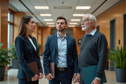 Trois adultes dans un hall de bureau moderne avec dossiers et plantes
