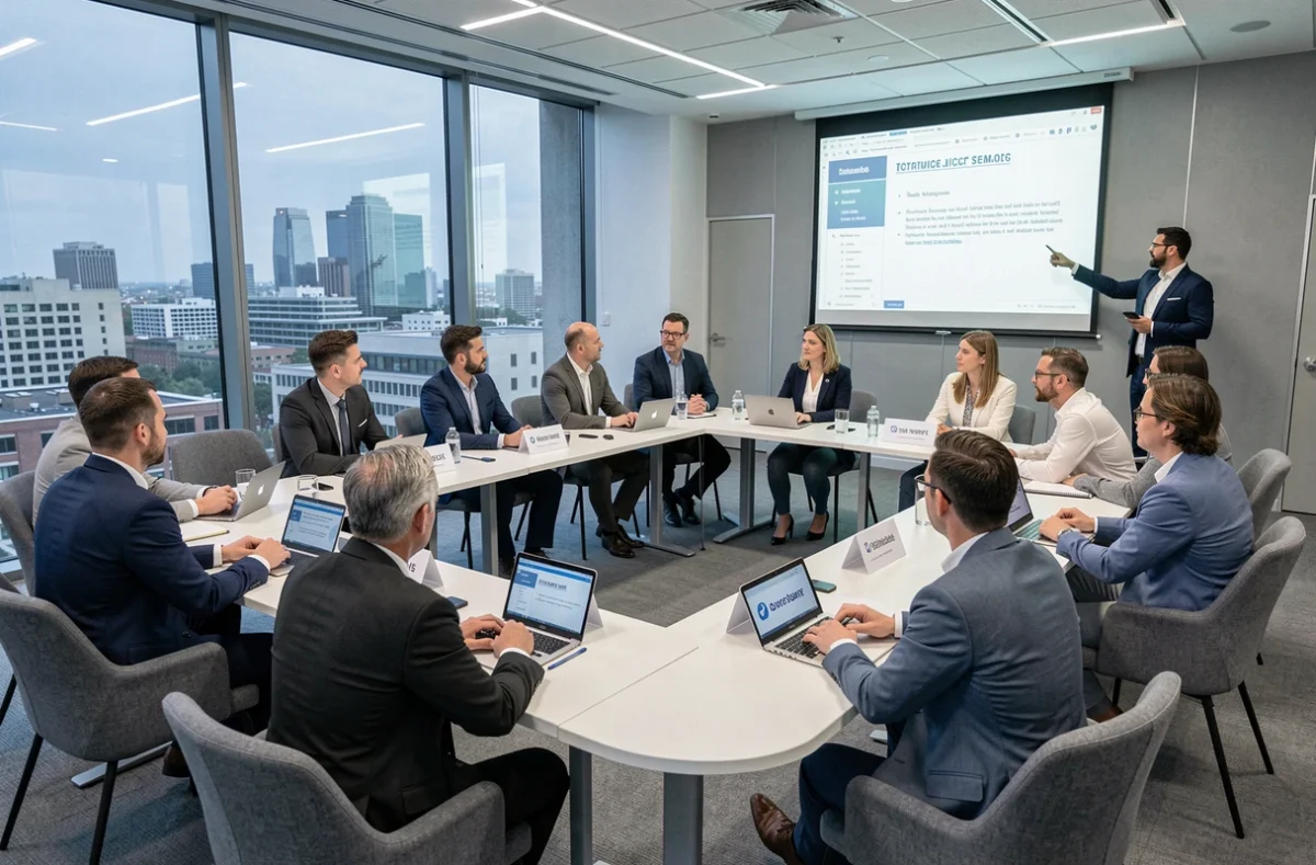 Session de travail en groupe lors du programme de l'événement Lesentreprisesfrenchy 2026 dans une salle de réunion moderne avec vue sur la ville