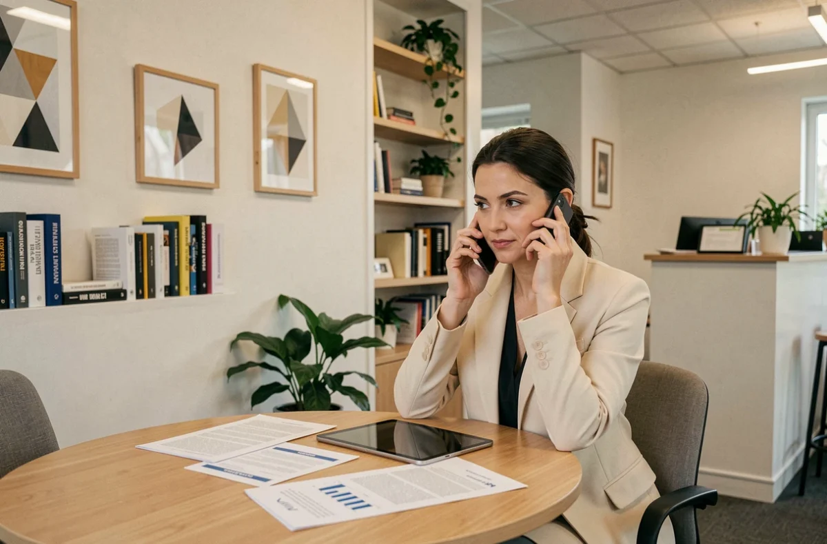 Femme en réunion téléphonique dans l'espace professionnel de Sinequanone Conseil à Bezons